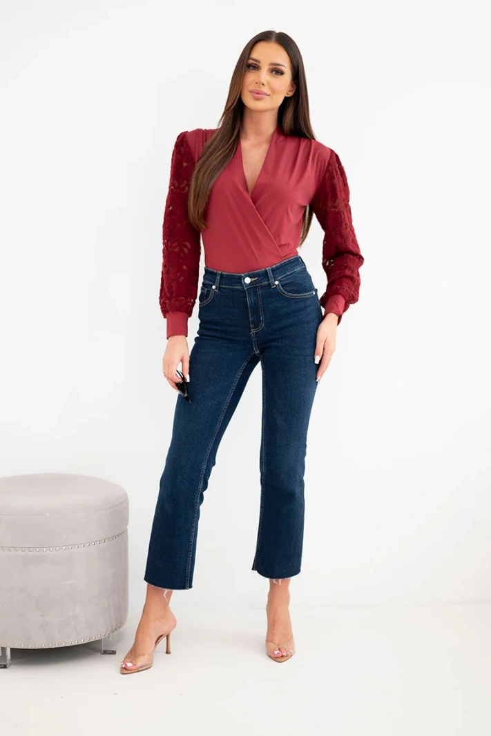 Women's bodysuit wrap blouse with lace sleeves burgundy