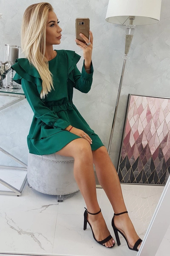 Dress with vertical flounces dark green