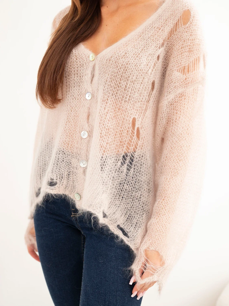 Women’s sweater made of 70% kid mohair with buttons with a worn effect beige