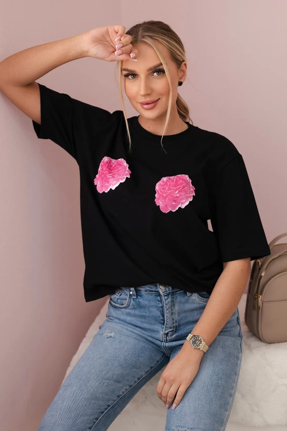 Baumwollbluse mit Blumenprint schwarz