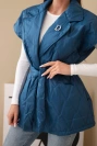 Women's quilted vest with a belt and wide collar dark denim
