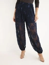 Women's trousers loose with floral pattern and cuffs navy blue