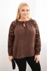 Plus Size women's blouse with lace sleeves and decorative neckline brown