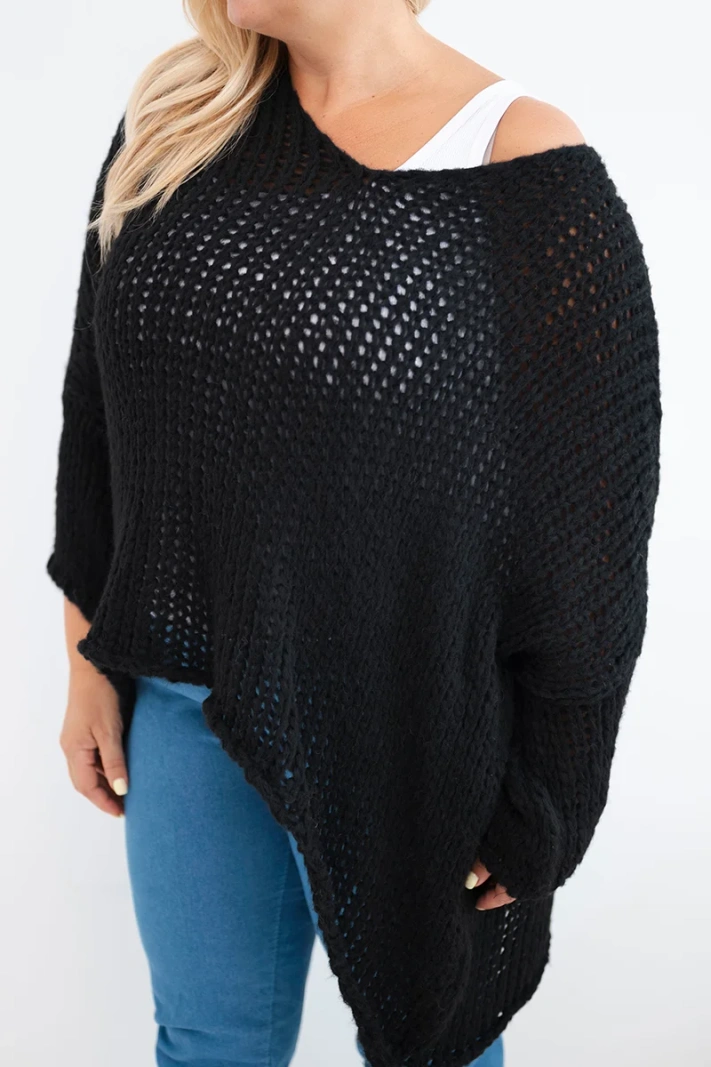 Damen Oversize Strickpullover mit V-Ausschnitt und längerem Rückenteil ajour schwarz