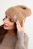 Women's winter hat made of fluffy knit with an elegant button camel