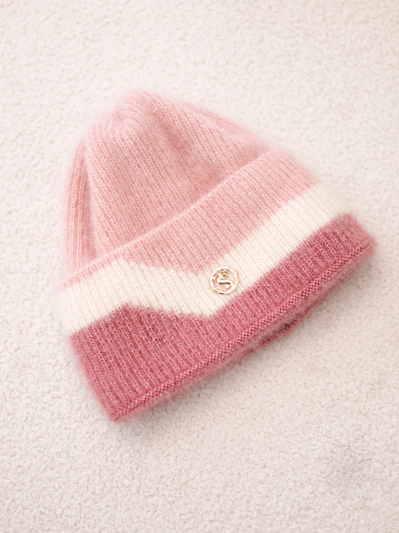 Damenmütze Beanie gerippt mit Verzierung puderrosa+dunkelrosa
