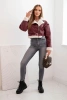Women's pilot jacket made of eco-leather, insulated with fur and a belt, burgundy