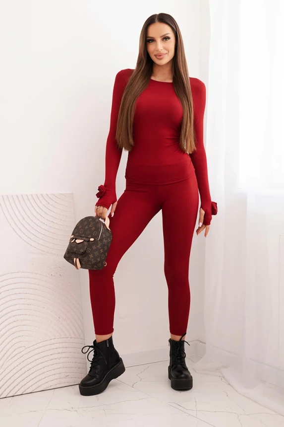 Damen-Set aus geripptem Viskose mit langen Ärmeln und Leggings bordeaux