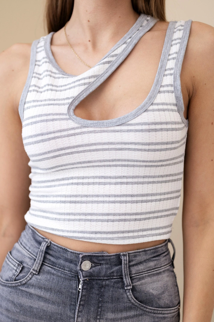 Women's ribbed sleeveless striped cut-out top gray
