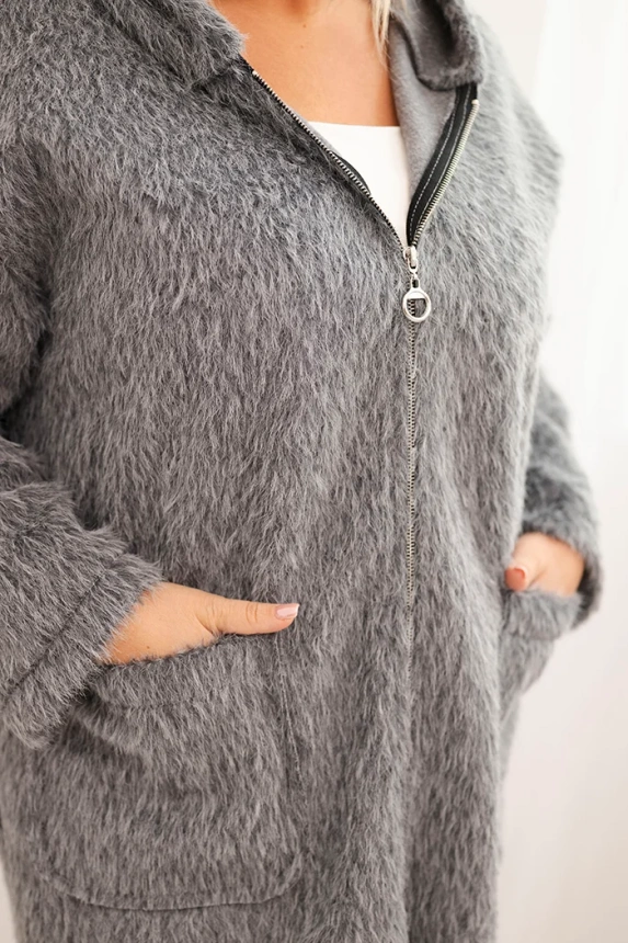 Dámský kabát Plus Size z viskózy na zip s kapucí šedý