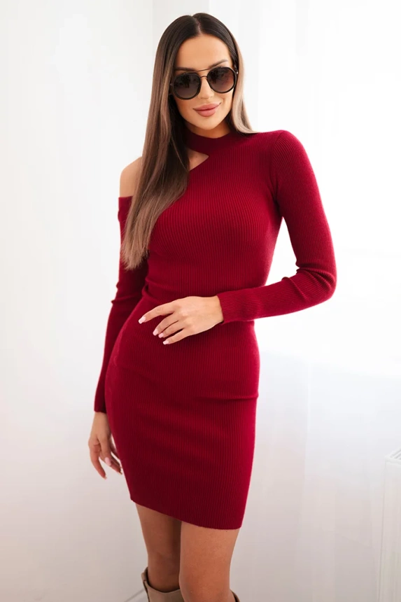 Women's knit dress with long sleeves and asymmetrical neckline burgundy