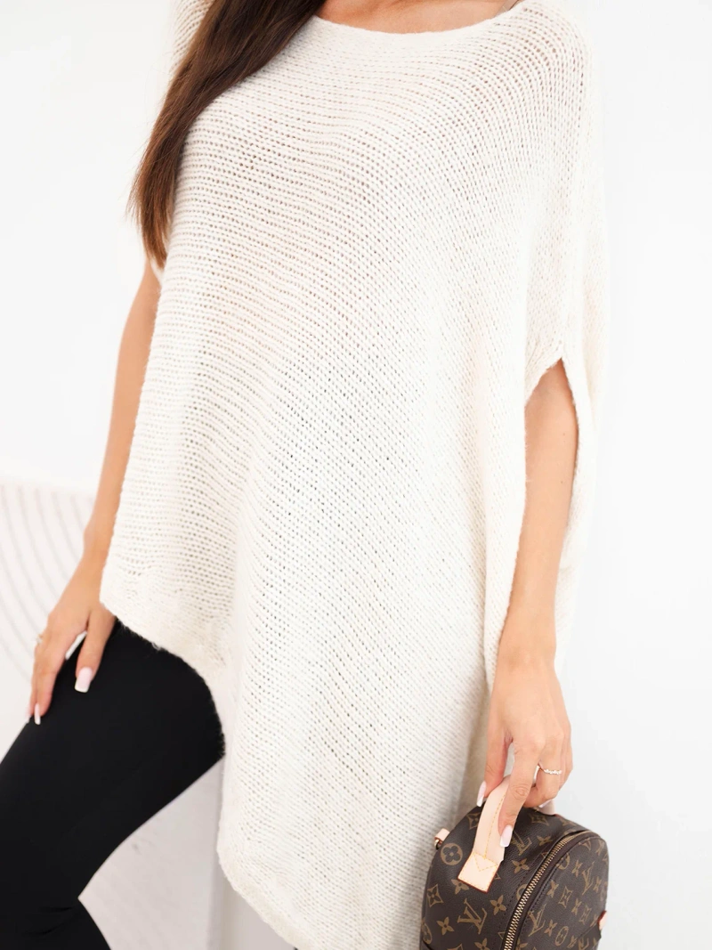 Women's asymmetrical mohair poncho sweater with a wide neckline beige