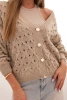 Women's openwork sweater with a V-neck and golden buttons dark beige
