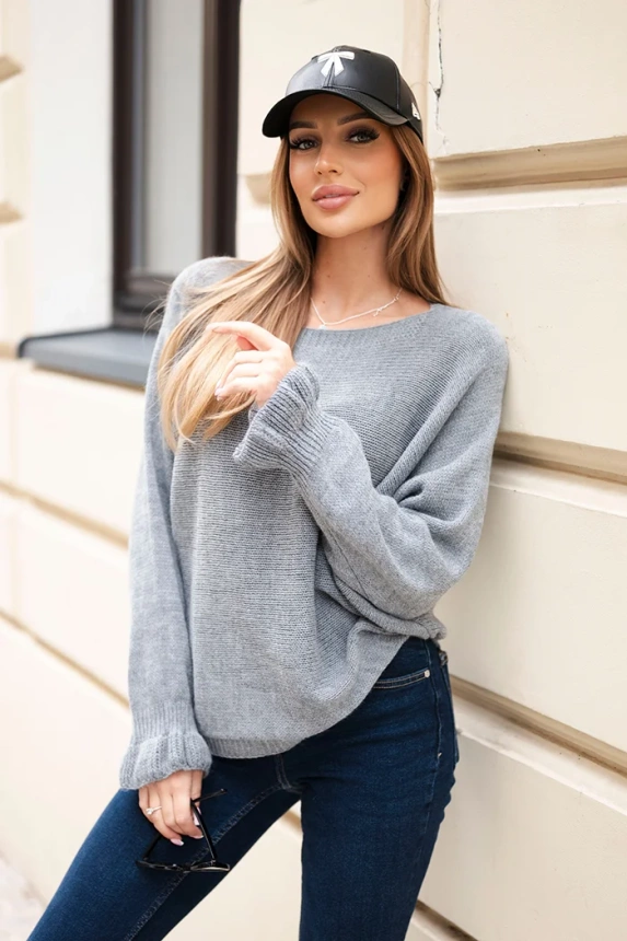 Women's mohair sweater with ruched sleeves and a back cutout gray