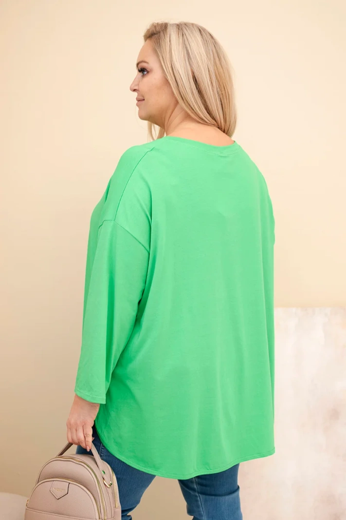 Bluzka damska Plus Size z bawełną z kieszenią i rękawem podwijanym jasno zielona