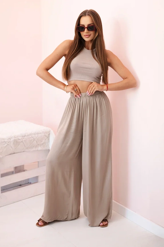 Women's wide viscose trousers with elastic waistband camel