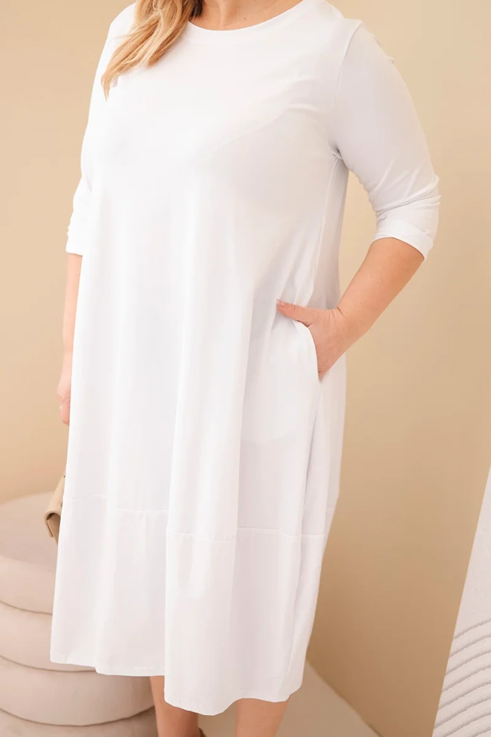 Damen Baumwollkleid Plus Size mit umschlagbarem Ärmel und Taschen weiß