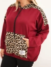 Dámská mikina Plus Size viskózová s kapucí a vložkami s leopardím vzorem bordó červená