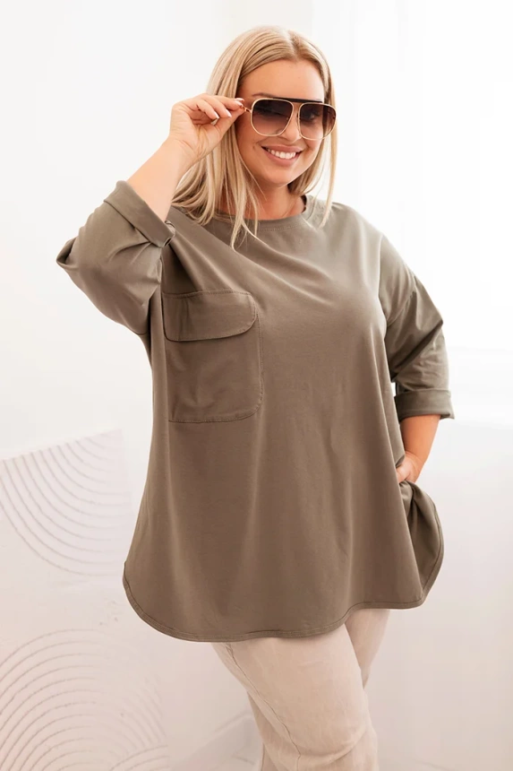 Damenbluse Plus Size aus Baumwolle mit Tasche und umgeschlagenem Ärmel khaki