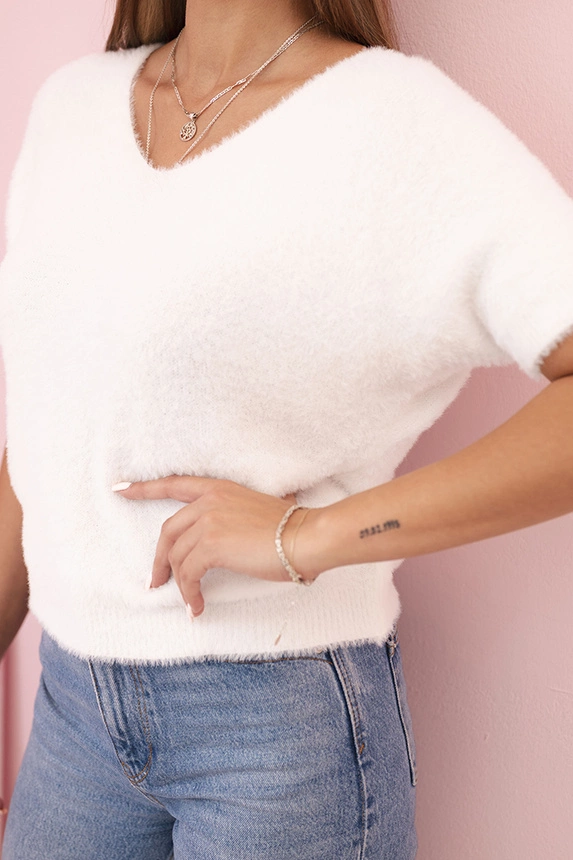 Women's sweater made of soft fluff with a V-neck and short sleeves white