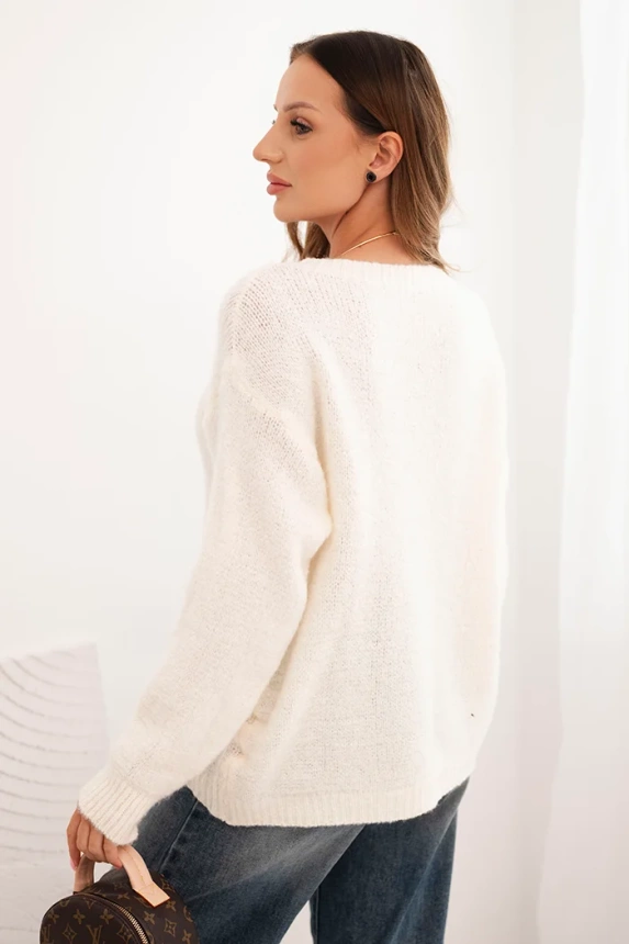 Women's sweater with wool, long sleeves, and a round neckline ecru