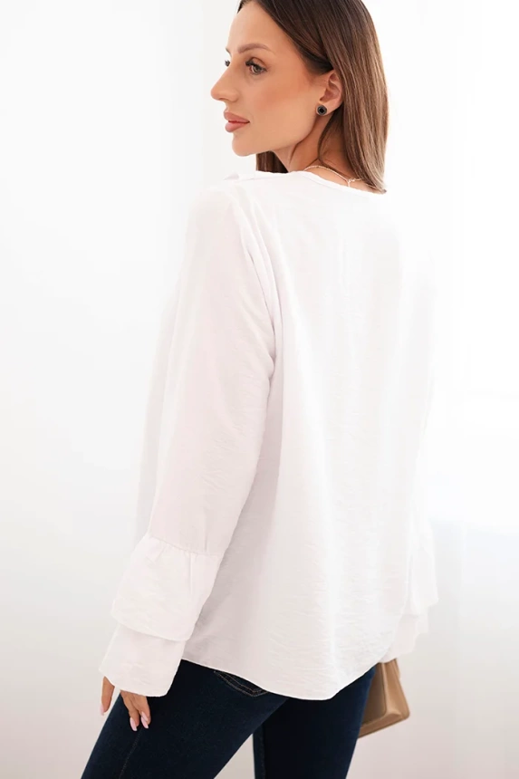 Women's viscose blouse with frills and long sleeves white
