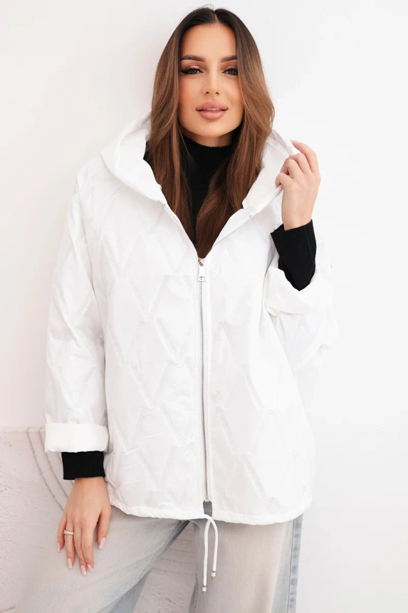 Women's spring quilted jacket with a hood and zipper white