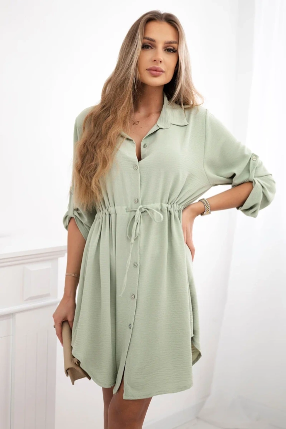 Dress with button closure and tie at the waist dark mint