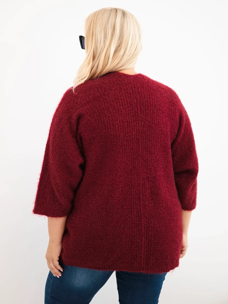 Sweter damski Plus Size z kieszeniami bez zapięcia bordowy