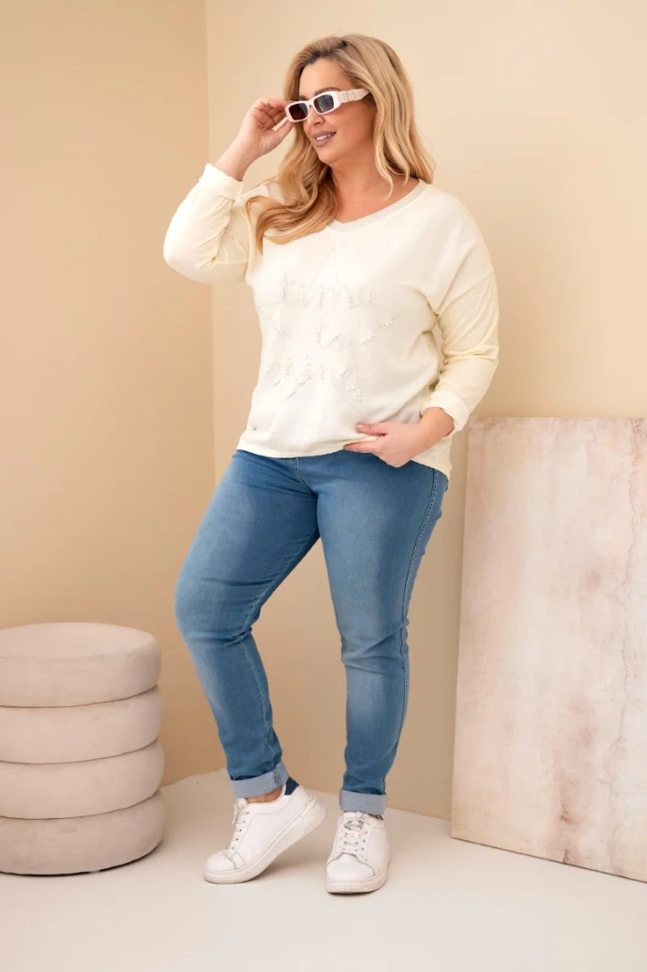 Dámska blúzka Plus Size s potlačou a perličkami žltý
