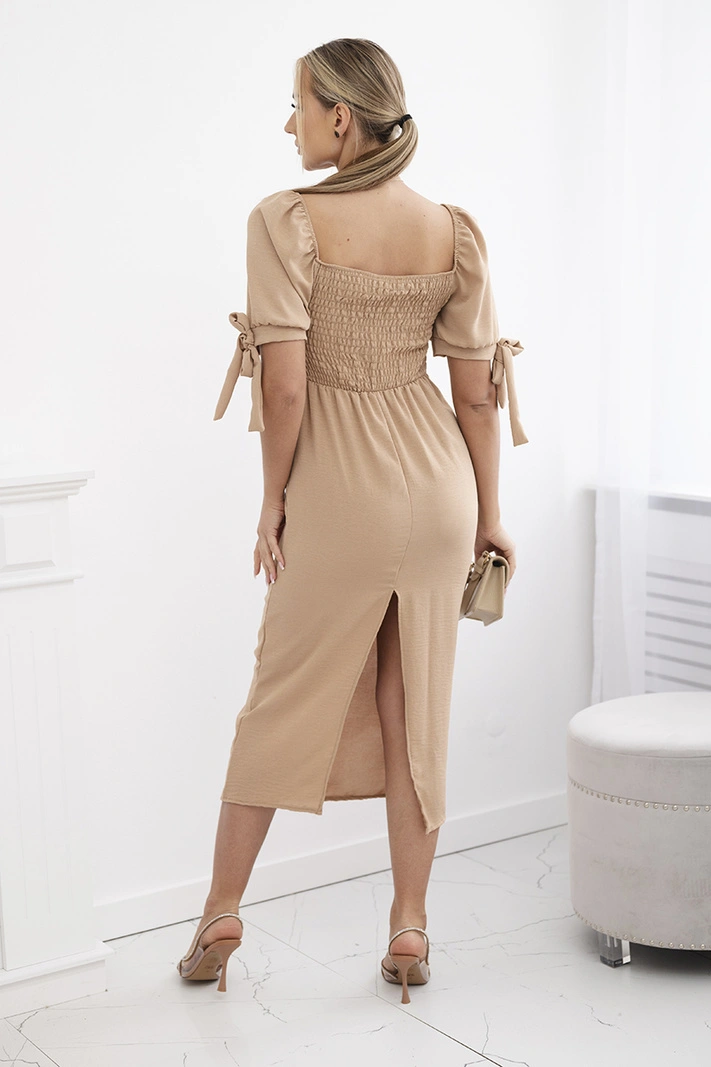 Dress ruffled at the back with tied sleeves Camel