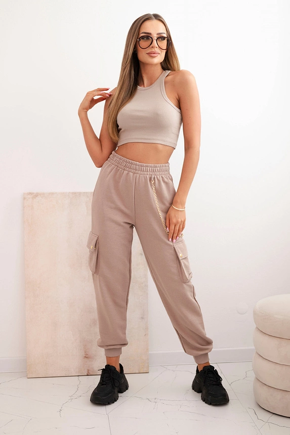 Damen Baumwoll Cargo-Hosen mit Taschen und Kette beige