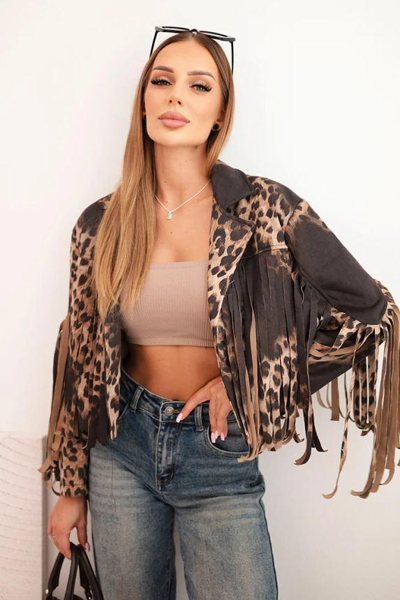 Dámska semišová bunda s leopardím vzorom a strapcami čierna
