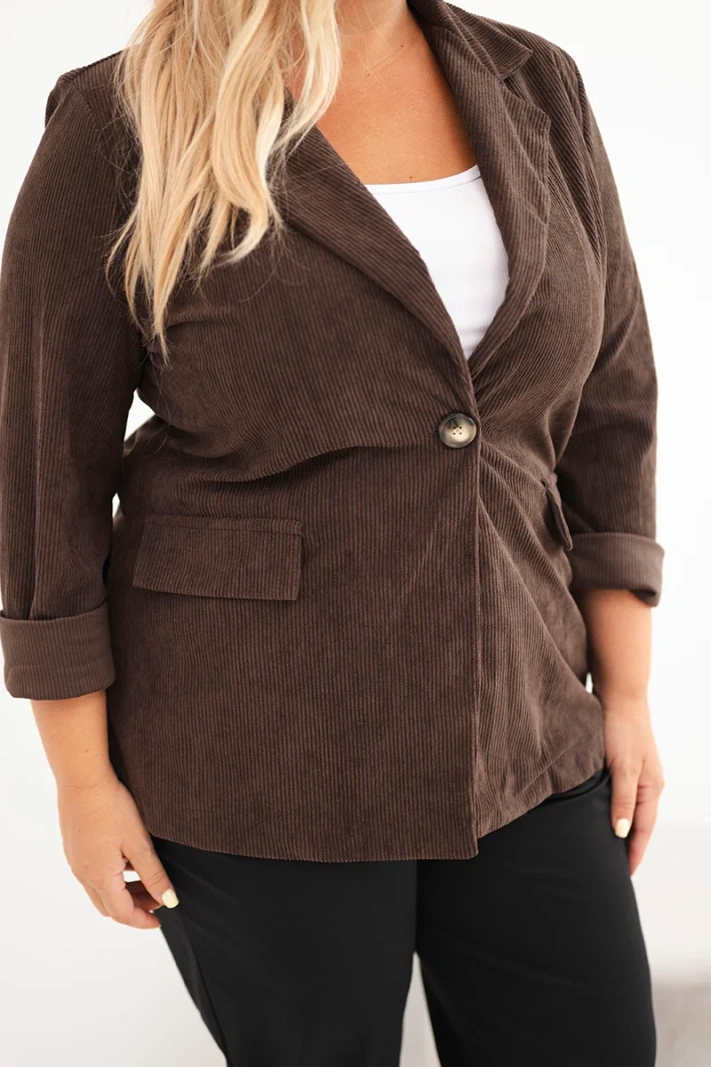 Dámské sako Plus Size manšestrové s klopami a kapsami hnědá