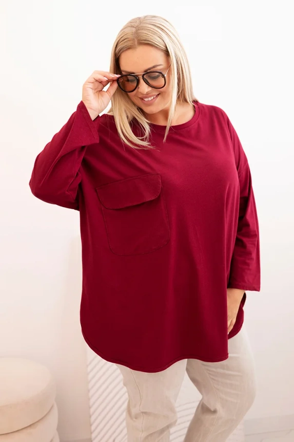 Dámska blúzka Plus Size s bavlnou, s vreckom a s vyhrnutým rukávom bordová