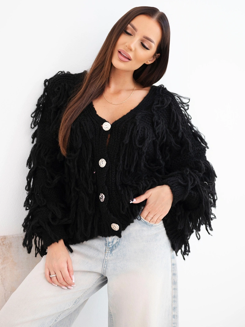 Women's sweater with fringes and decorative buttons black