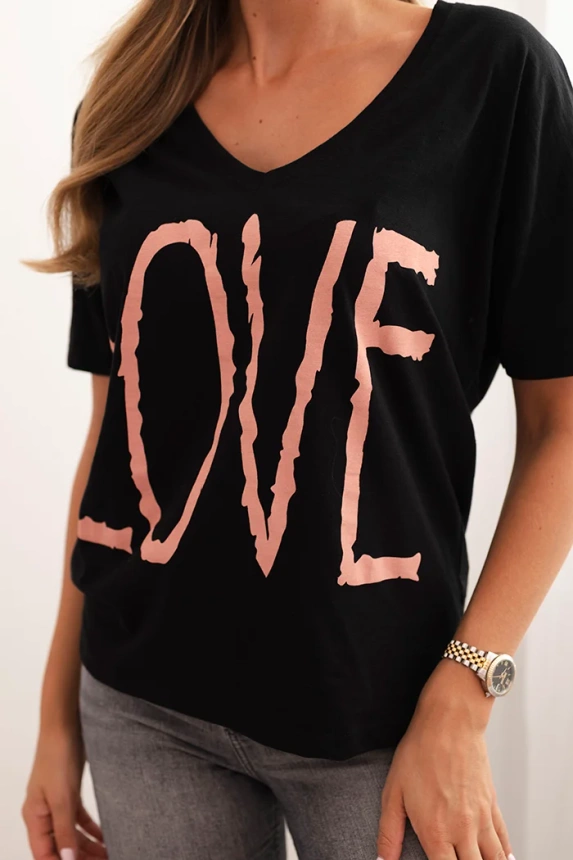 Women's cotton blouse with a V-neck and LOVE print black
