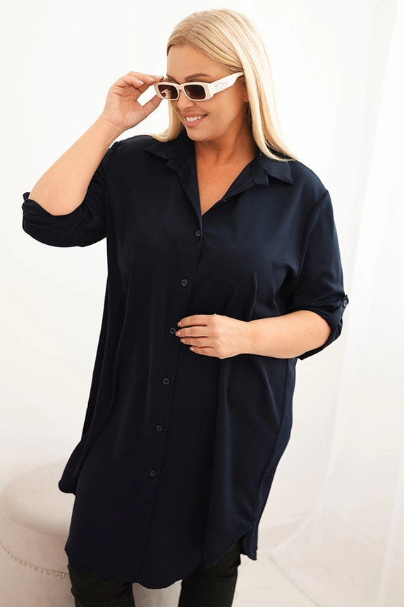 Dámska košelová sukňa Plus Size s dlhším zadným dielom a ohrnutým rukávom granátová