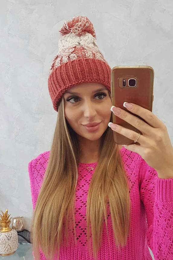 Dámska čiapka s pomponom Abigail K326 ruda + béžová