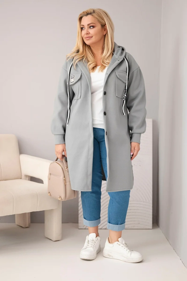 Women's plus-size hooded coat with button closure gray