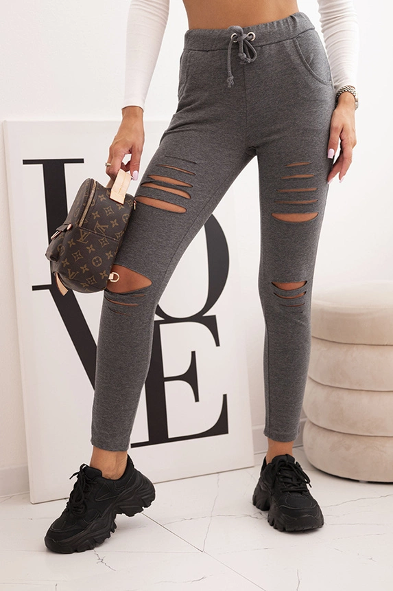 Damen Baumwollhose mit Rissen und Gummizug in der Taille grau