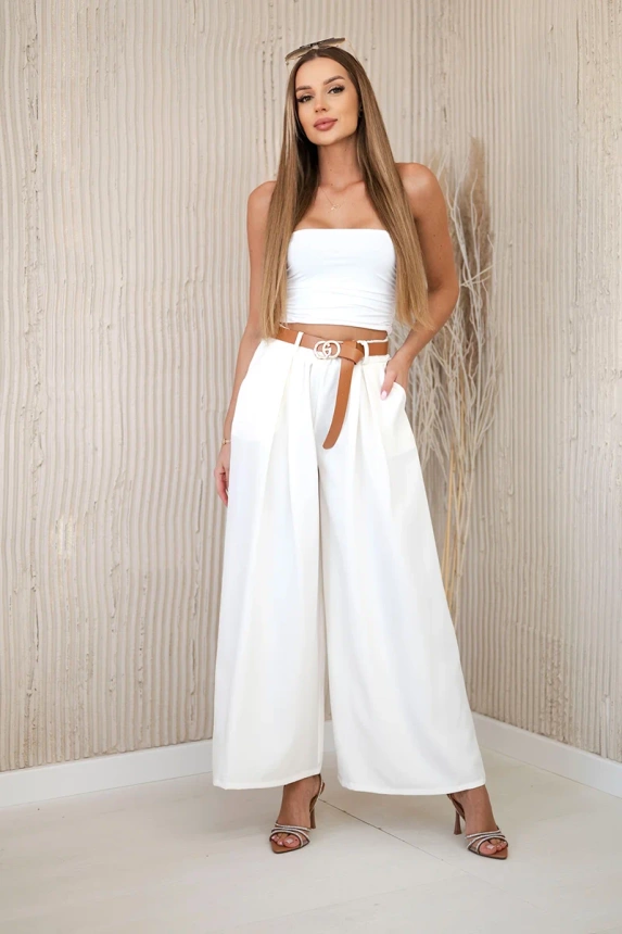 Wide-leg belted trousers ecru