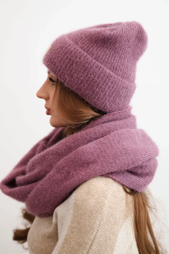 Women's set with a hat and a scarf made of soft knit dark pink