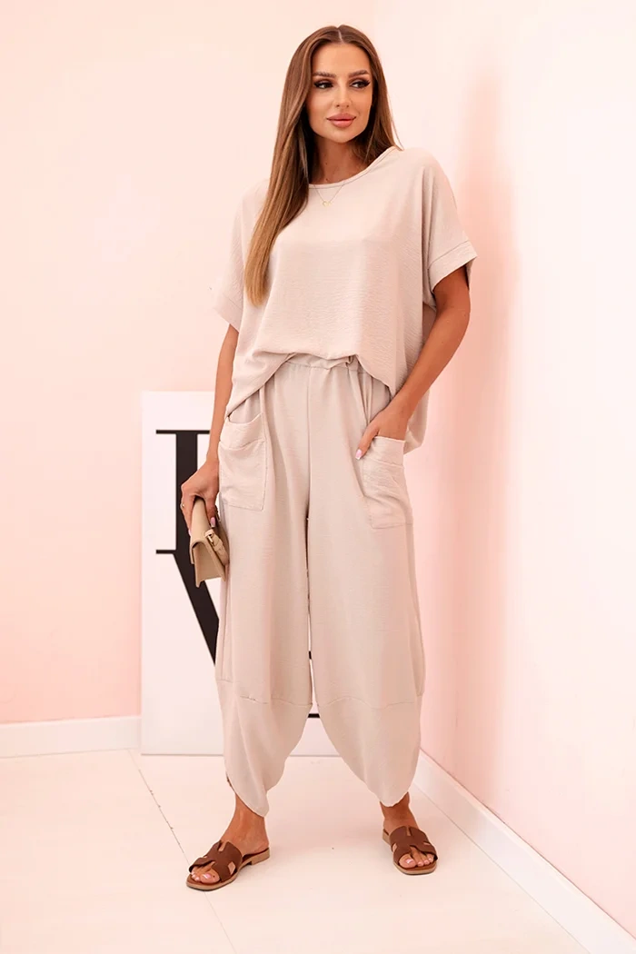 Viscose blouse + pants set dark beige
