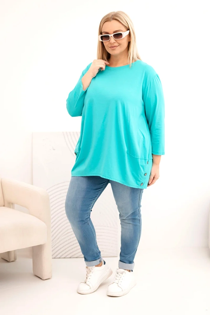 Women's Plus Size blouse made of cotton with decorative buttons and rolled-up sleeves mint