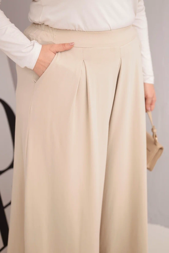 Spodnie damskie bawełniane Plus Size o szerokiej nogawce i luźnym kroju beżowe