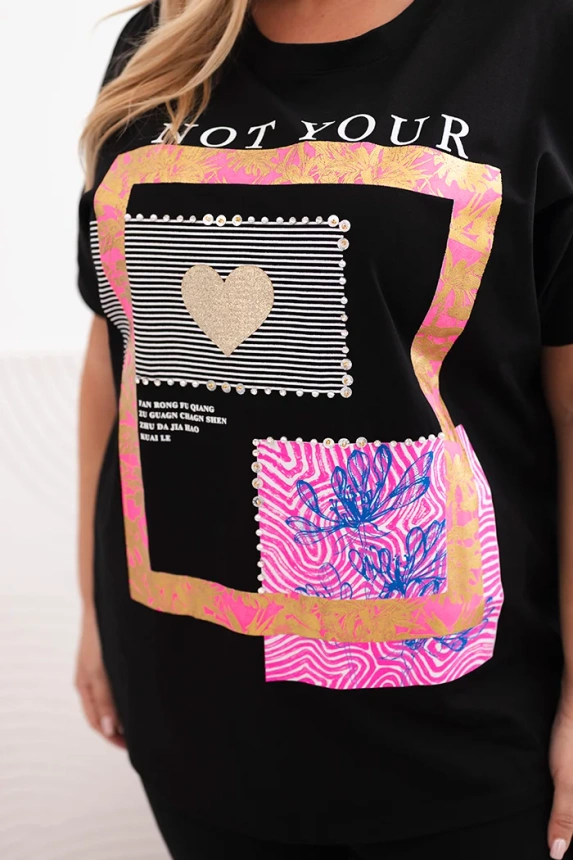 Women's cotton Plus Size blouse with gold print black + pink