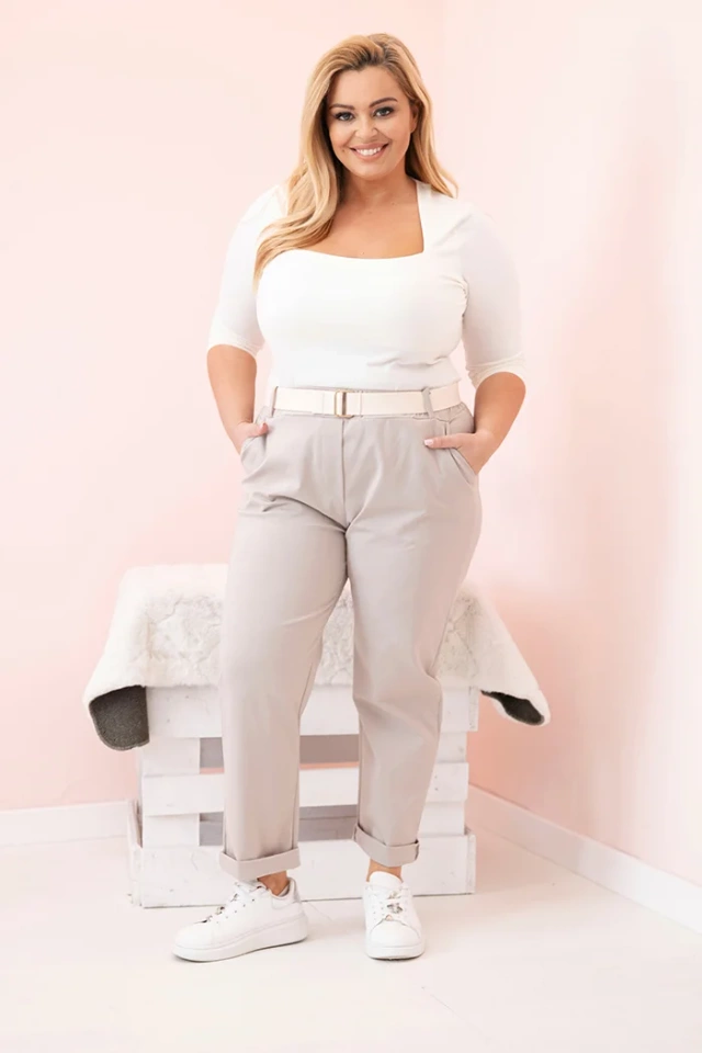 Spodnie damskie bawełniane Plus Size z paskiem ciemno beżowe