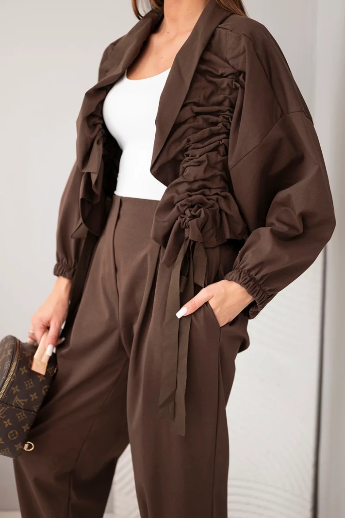 Baumwoll-Damen-Set mit gerafftem Pullover und Hose braun