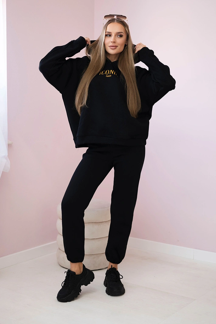 Insulated cotton set, sweatshirt with embroidery + pants black